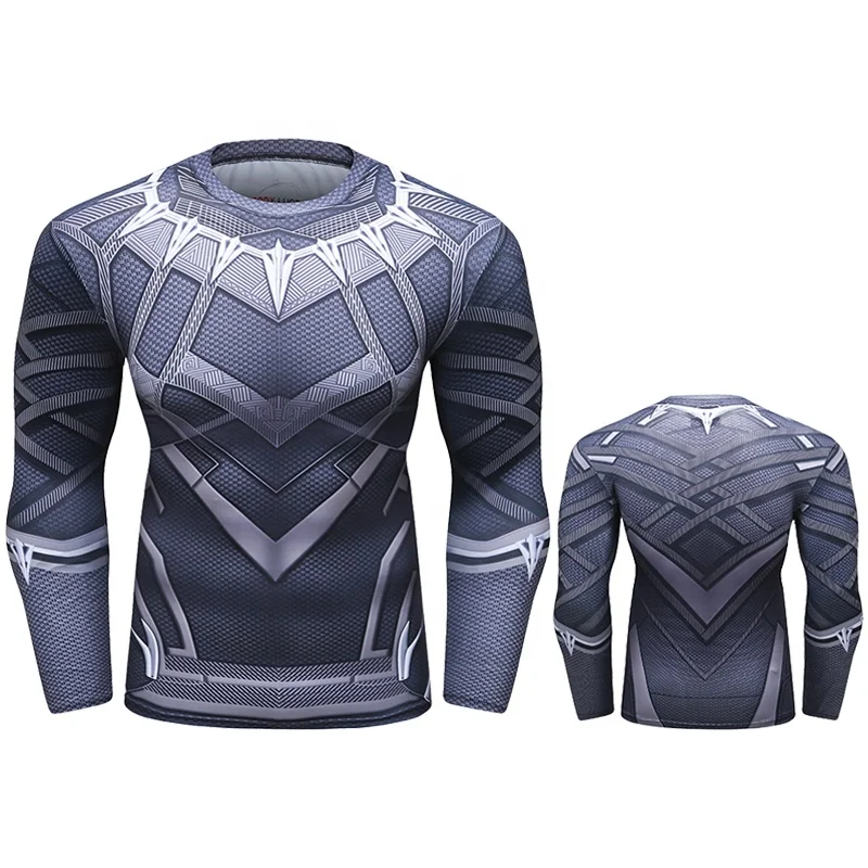HOT! Long Sleeve Sublimation Print Black Pattern Compression T-Shirt, OEM Custom LOGO Sport Gym T Shirt Rash Guard For Men