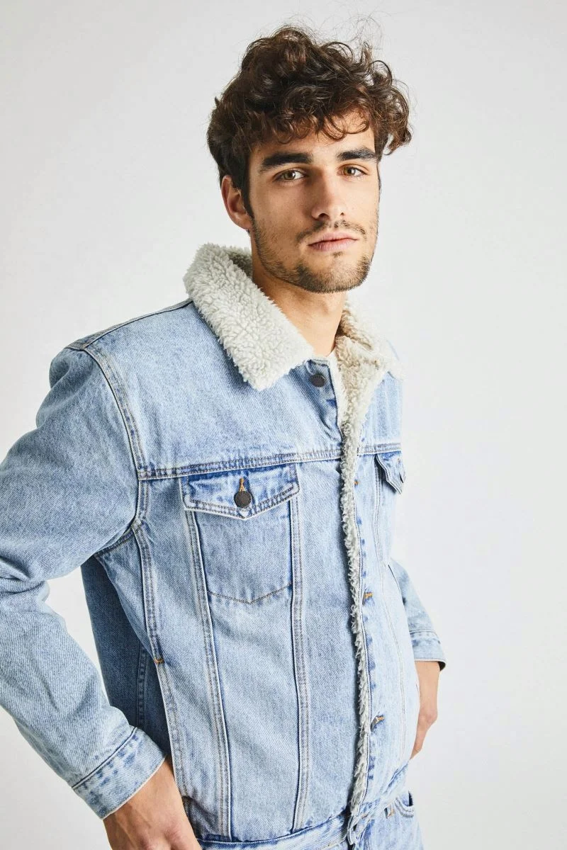 High quality Plain Washed mens sherpa fleece denim jeans jacket