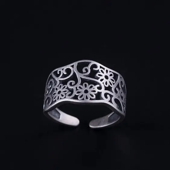 Vintage Silver Hollow Cactus Leaf Flower Crown Elephant Foxs Tiger Bird Animal Men Women Custom Charm Statement Rings