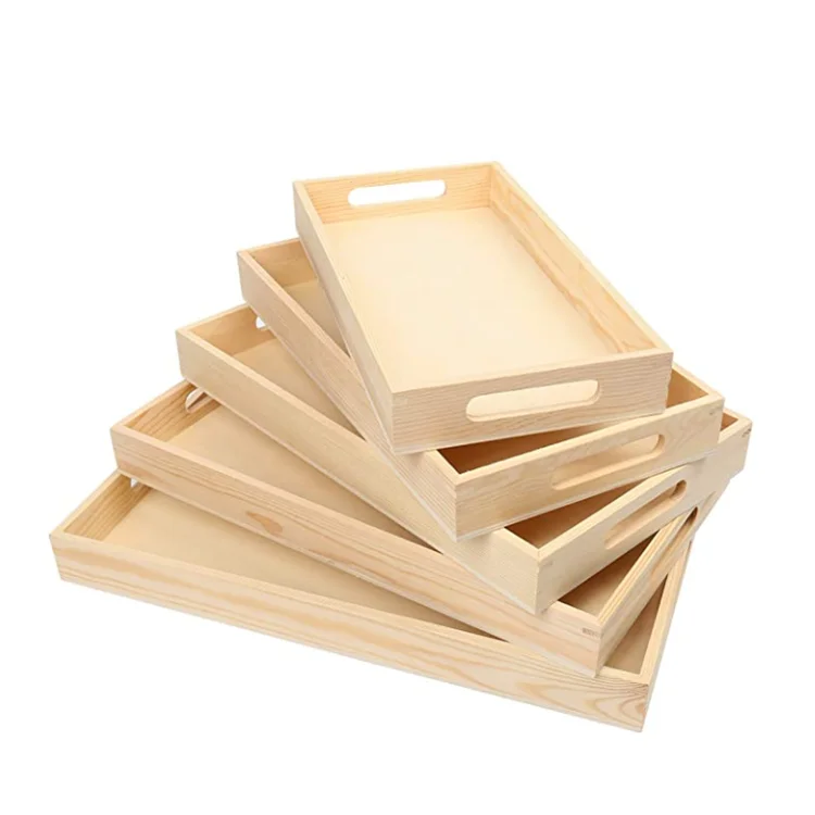 Factory rectangle unfinished natural 5 packs wooden nested serving trays with handles