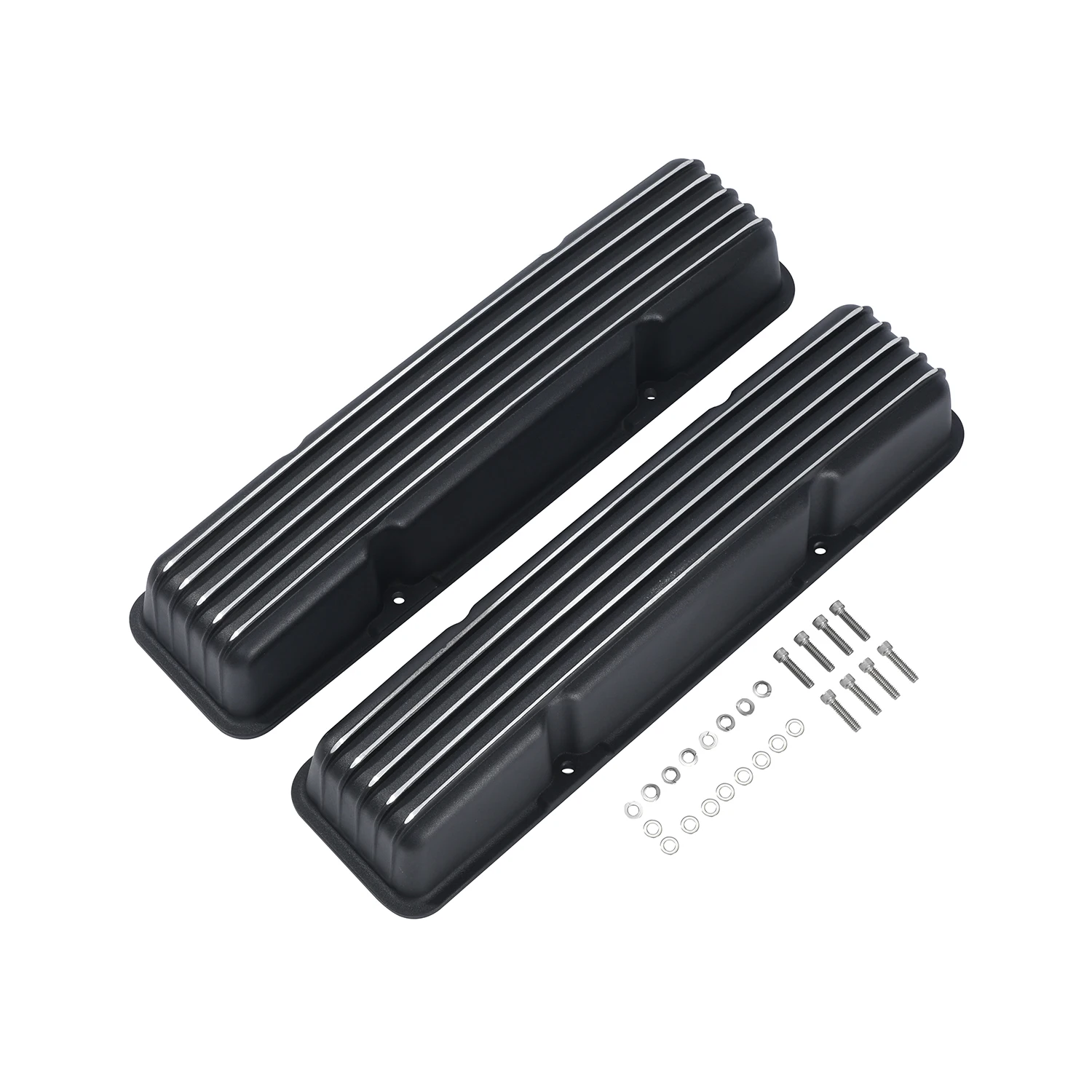 Tall Finned Valve Cover For 1958-1986 SBC w/o Hole Black Aluminum