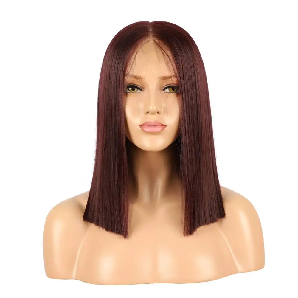 13x6 Wine Red Lace Front Wig, 14 Short Burgundy Bob Wig Silky Straight Middle Part Synthetic Wig for Women, Pre Plucked with Nat
