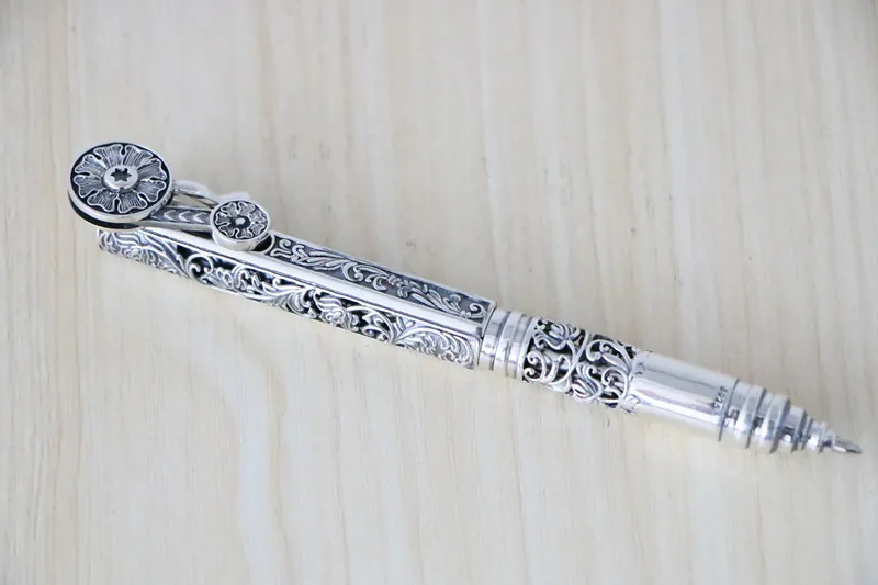 S925 silver Tang grass flower pattern ball water pen automatic retractable stationery signature office business