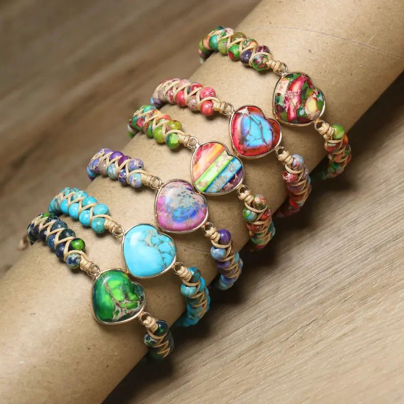 Dainty Beaded Bracelet for Women Jewelry Double-layer Handwoven Heart Charm Imperial Jasper Turquoise Stonr Bracelet