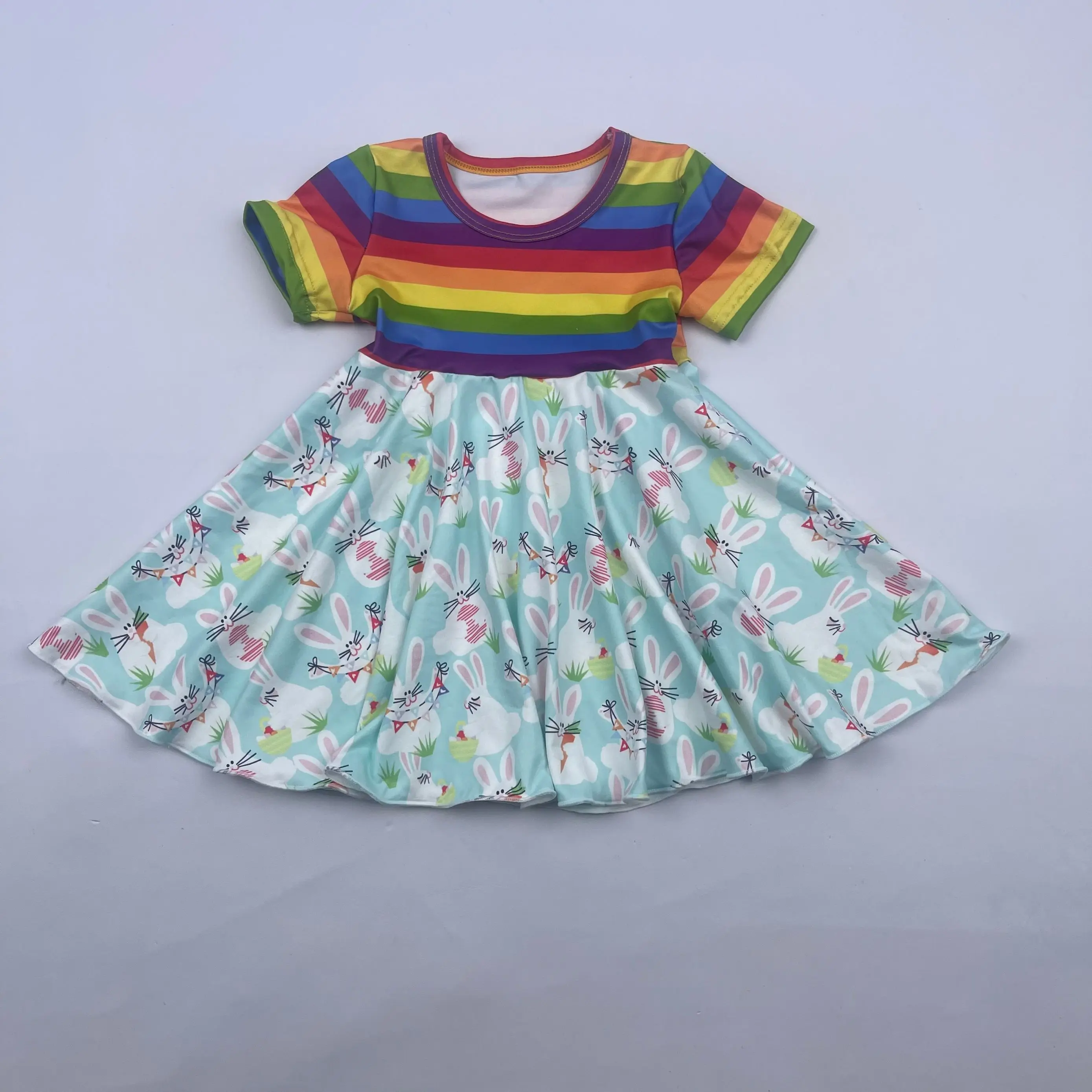 New Arrival Toddler Girls Clothes Children Wear Rabbit Print Casual Baby Girls Short Sleeve Twirl Dress For Easter