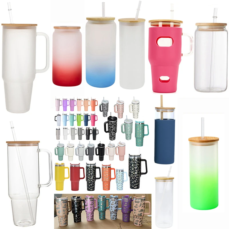 Glass Straw Cup 12oz 32oz 40oz 16oz Beer Soda Coffee Can Shaped black Glass Tumbler With Bamboo Lid Whiskey Glass car cups white