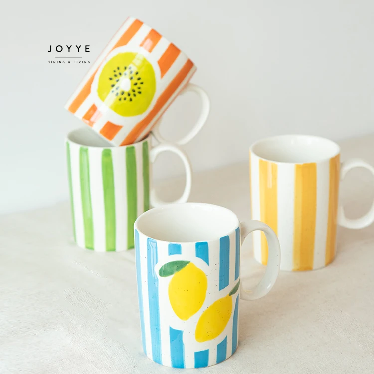 Joyye Custom Ceramic Coffee Mug Hand Painted Fruit Stripe Design Spring Summer Vibe Daily Drinking Cups 400ml Mugs