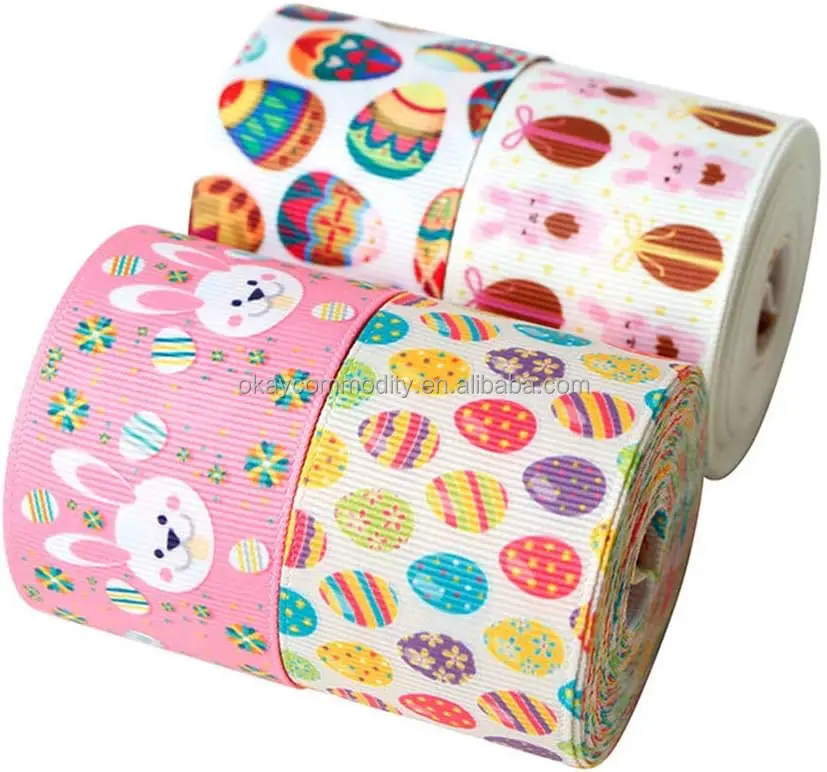 OKAY Rabbit And Egg Printed Grosgrain Ribbon Spring Easter Bunny Fabric Ribbon for Wrapping DIY Crafts Decoration