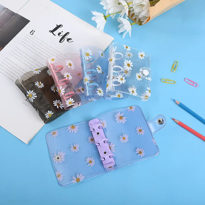 Mini Daisy 3 Hole Binder Covers Clear PVC Notebook Loose Leaf Binder Round Ring Protector Binder Pocket with Snap Button Closure