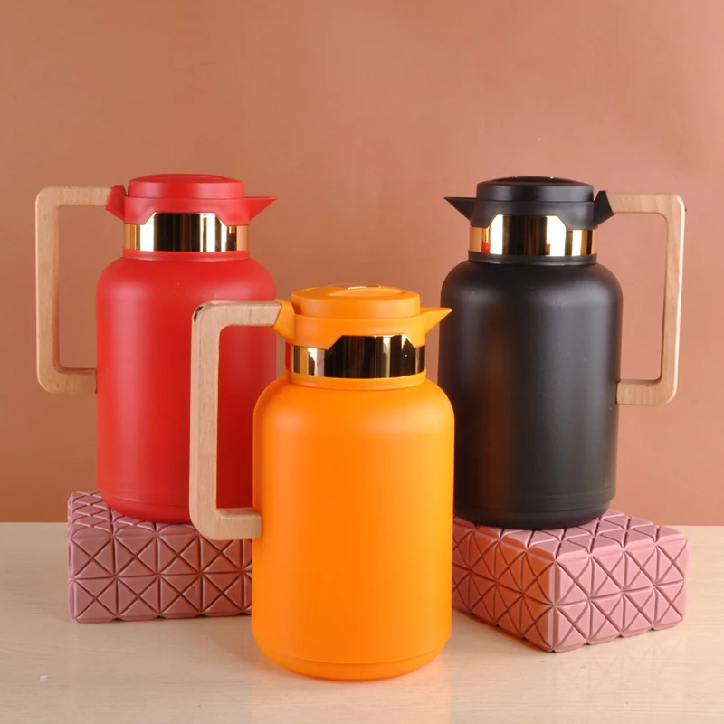 Custom Logo 1.0l Pp Outer Glass Inner Vacuum Jug Thermos Coffee Tea Pot with Wooden Handle