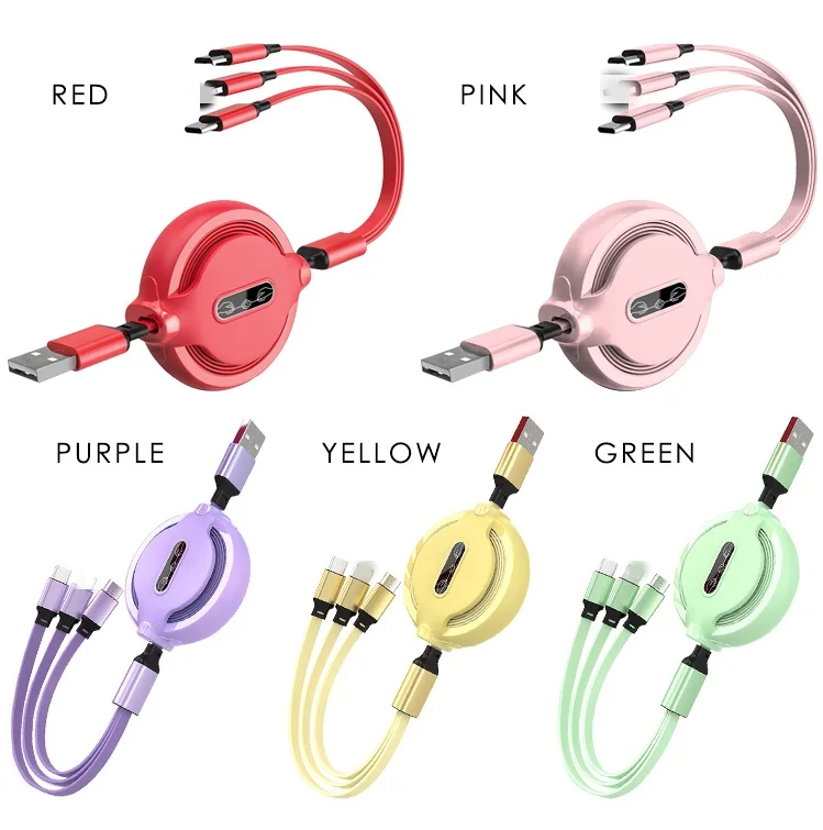 Multi 3 In 1 Fast Charging Cable USB Charger Cable 1meter Retractable Multiple Charging Cord Adapter For Smart Phone