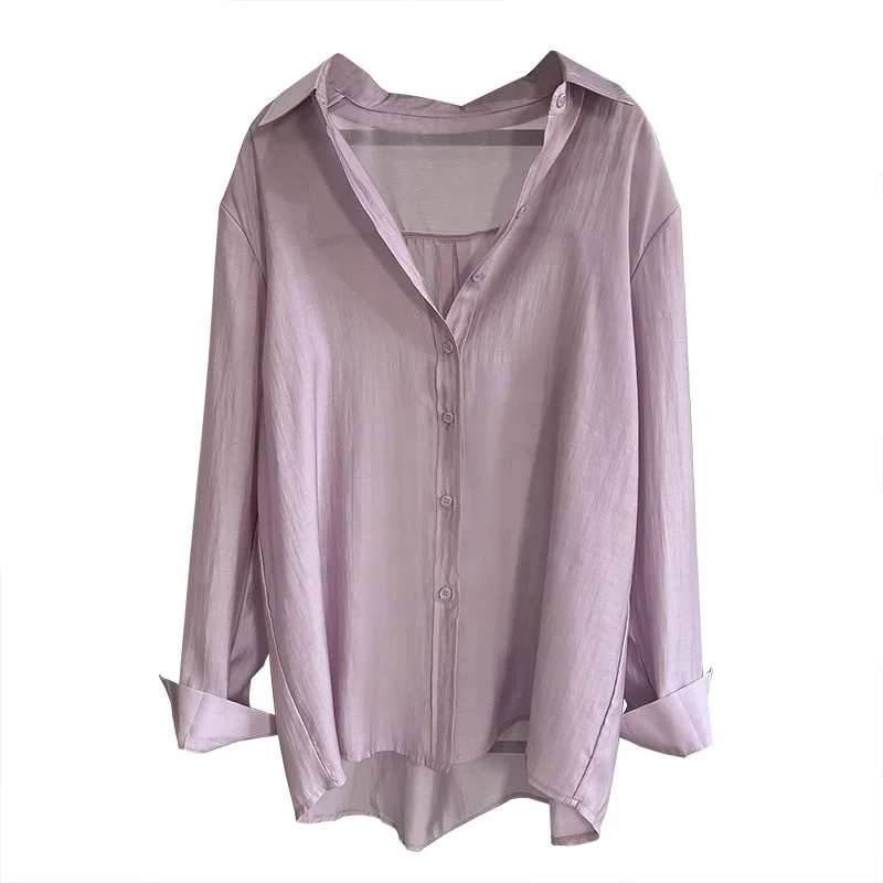 Summer Shirts Women Turn-Down Collar Long Sleeve Casual Blouses Transparent Plain Canday Colors Loose Sunproof Tops WholeT34702C