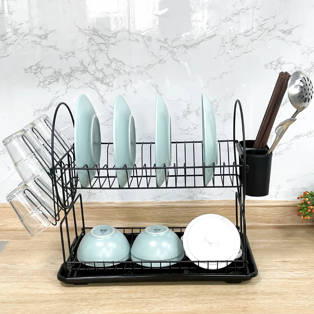 Kitchen Black Steel Dish Drying Hanging Cup Expandable Storage With Large Capacity Double Layer Drain Dish Rack