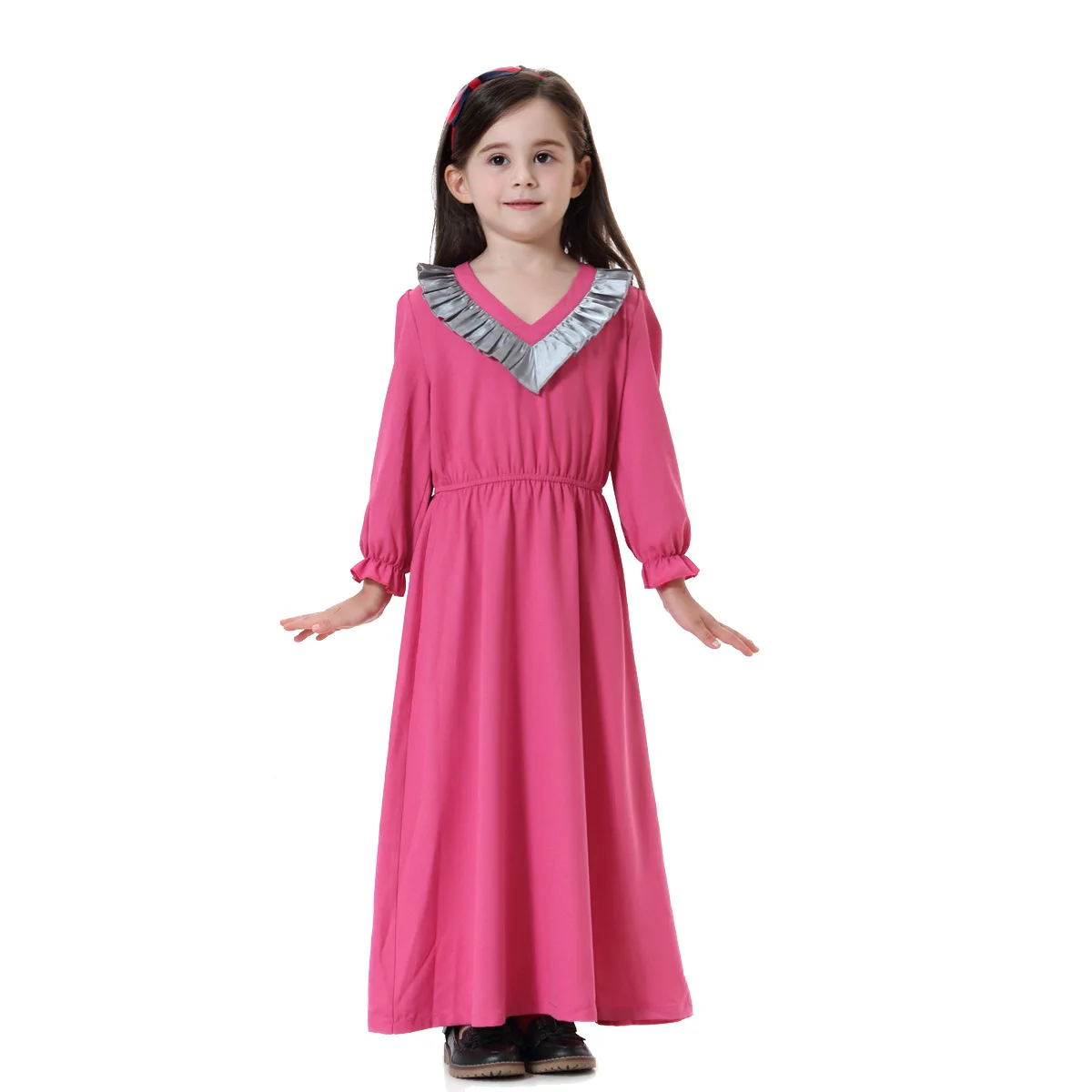 Muslim Kids Fashion Islamic Clothing Children Dress Solid Color V-Neck Arab Long Sleeve Maxi Girls Robe Baby Clothes