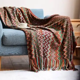 Hot sale bohemian decor stripe tassel knit blanket pattern puffy blanket for native american blanket