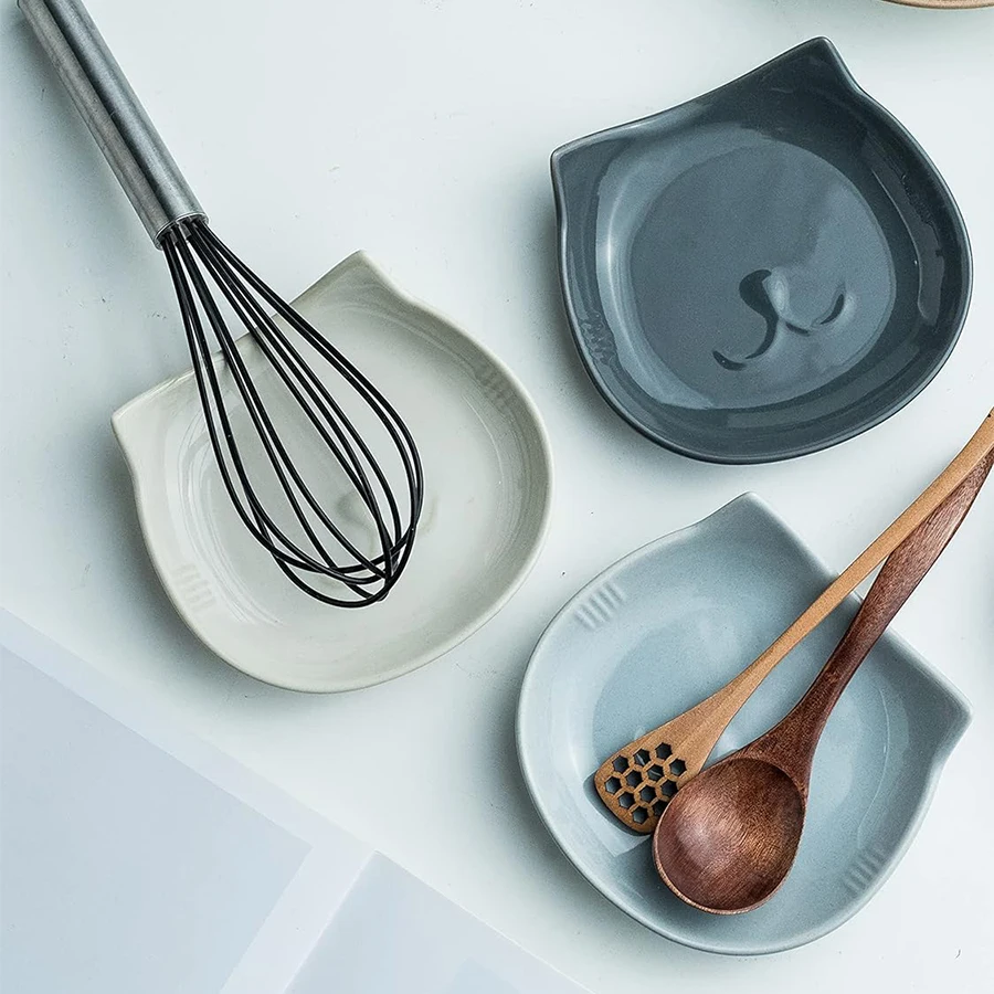 5.12 Inches Ceramic Spoon Rest for Stove Cute Cat Spoon Holder for Kitchen Counter Custom