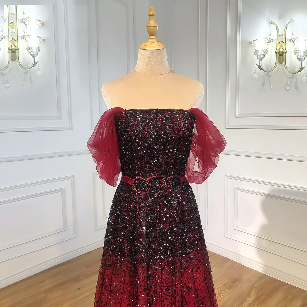 Gradual Change Wine Red Black 2024 Beaded Bling A-Line Luxury for Party Gowns Off Shoulder Tulle Evening Dresses