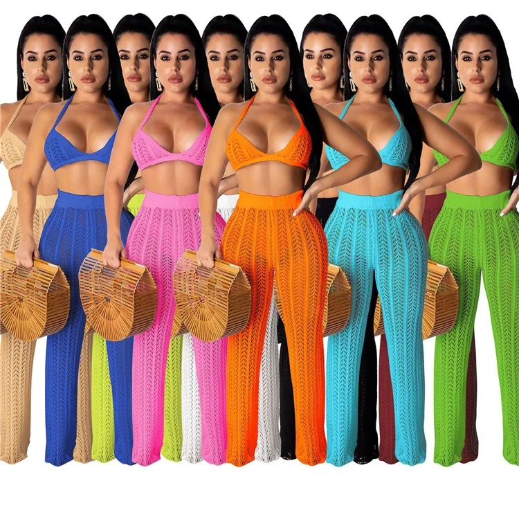 
Hot Sexy Ladies Club Wear Outfit Solid Color Hollow Out Bra Tops Long Pants Women Two Piece Set 