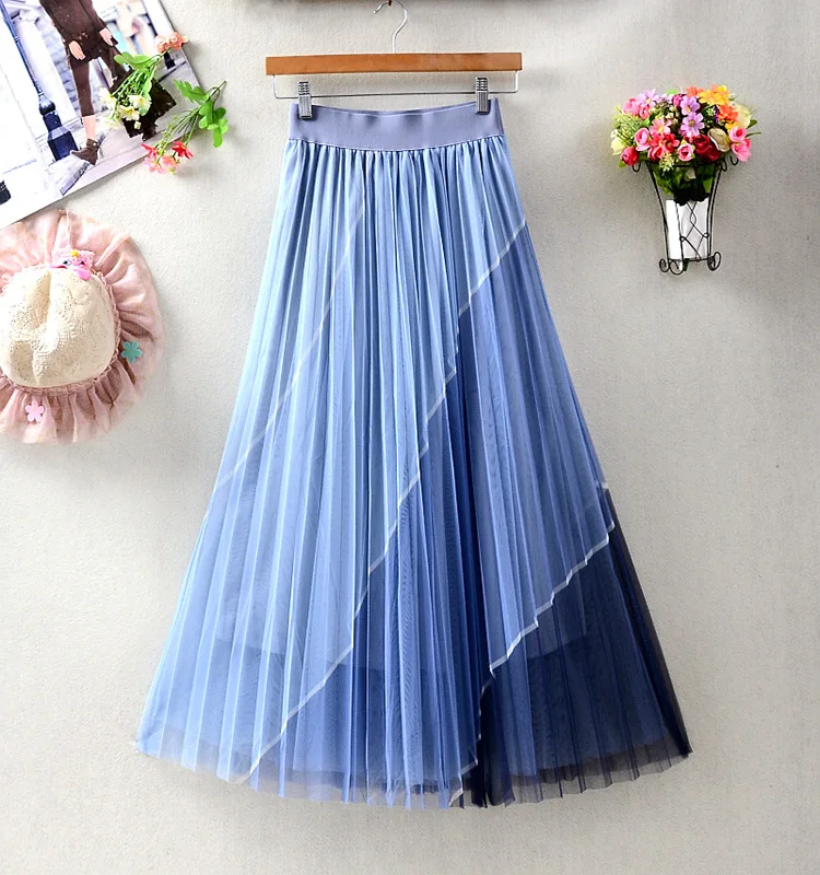 Women High Elastic Waist Pleated Printed Chiffon Skirt Midi Swing A Line Skirt