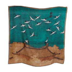 Crane Double Side Printed 100% Silk Scarf Square Stylish Women Scarves Shawl