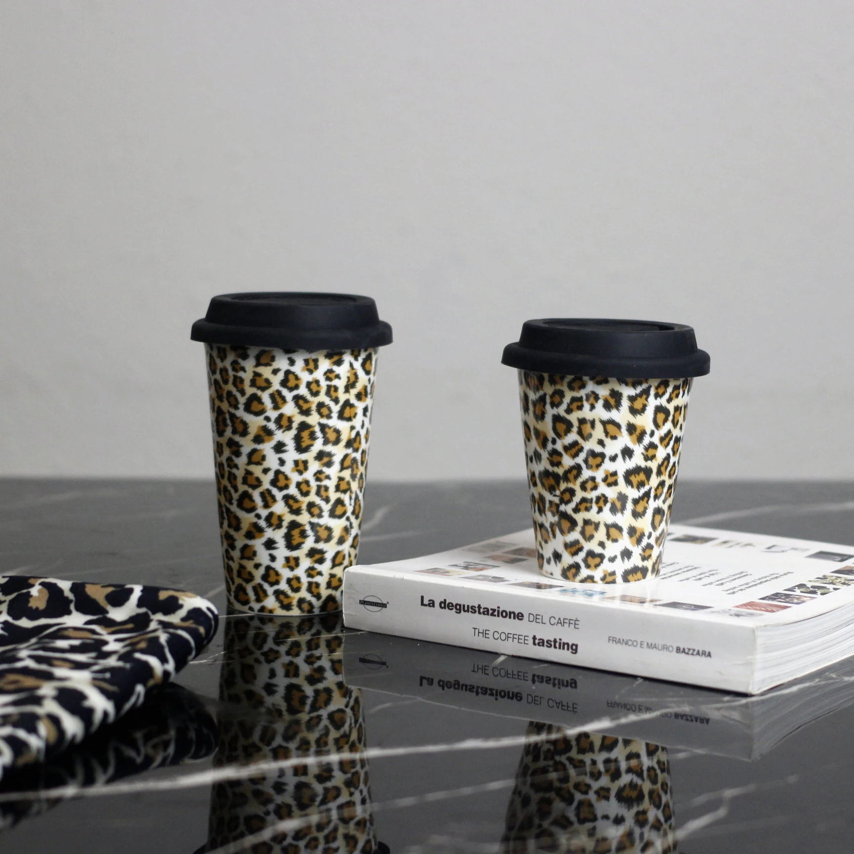 Custom Full Pattern Double Wall Ceramic Mug With Silicone Lid Porcelain Travel Cup Coffee Packing Cup With Silicone Sleeve