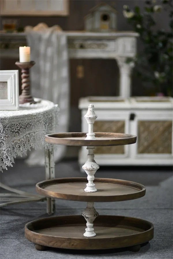 Distressed White Wood Tiered Serving Tray Stand,Rustic Farmhouse Kitchen Decor Three Tiered Tray Cake Stand