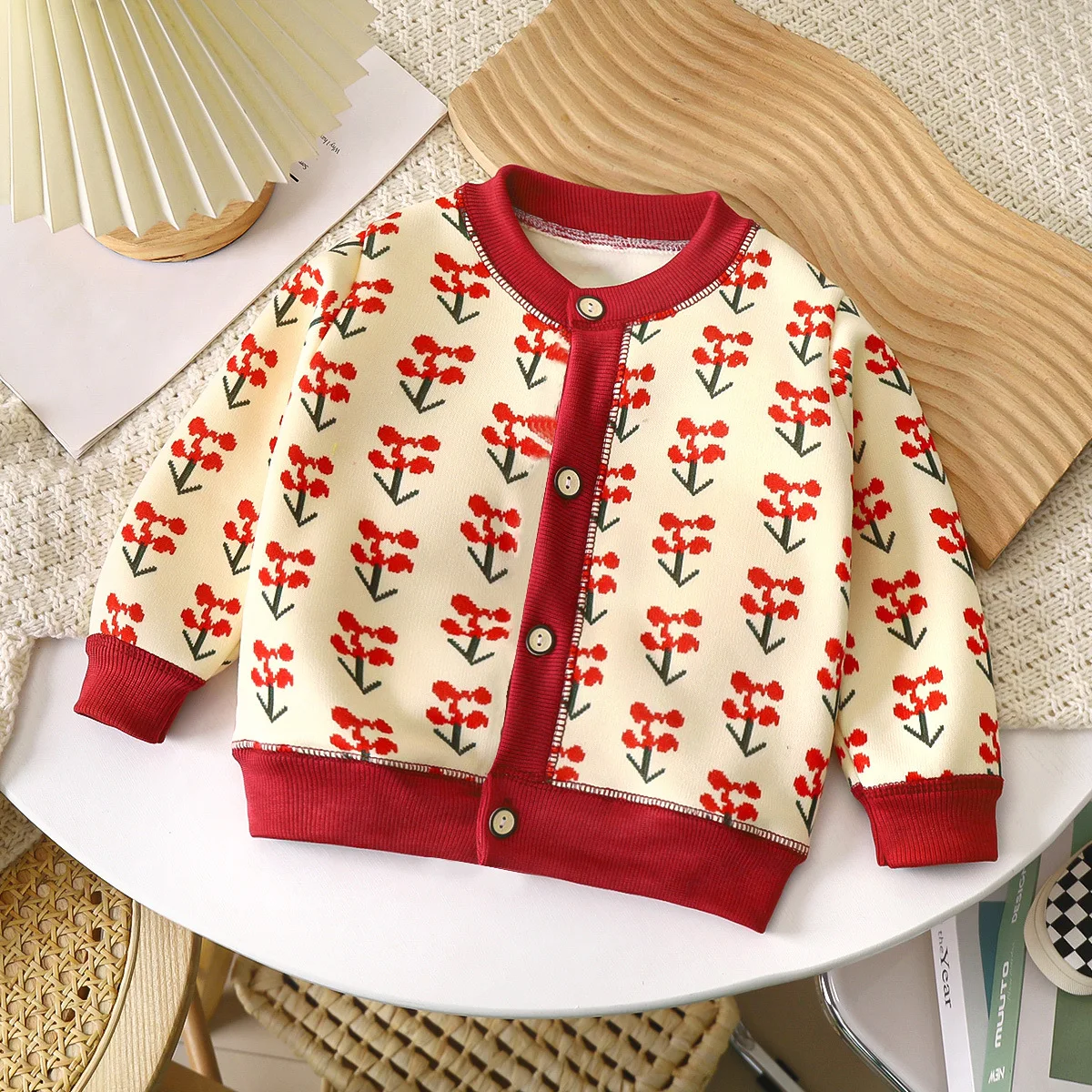 Fuyu Wholesale Baby Girl Children Digital Print Knit Long Sleeve Coat Toddler Girl Kids Button Warming Outwear