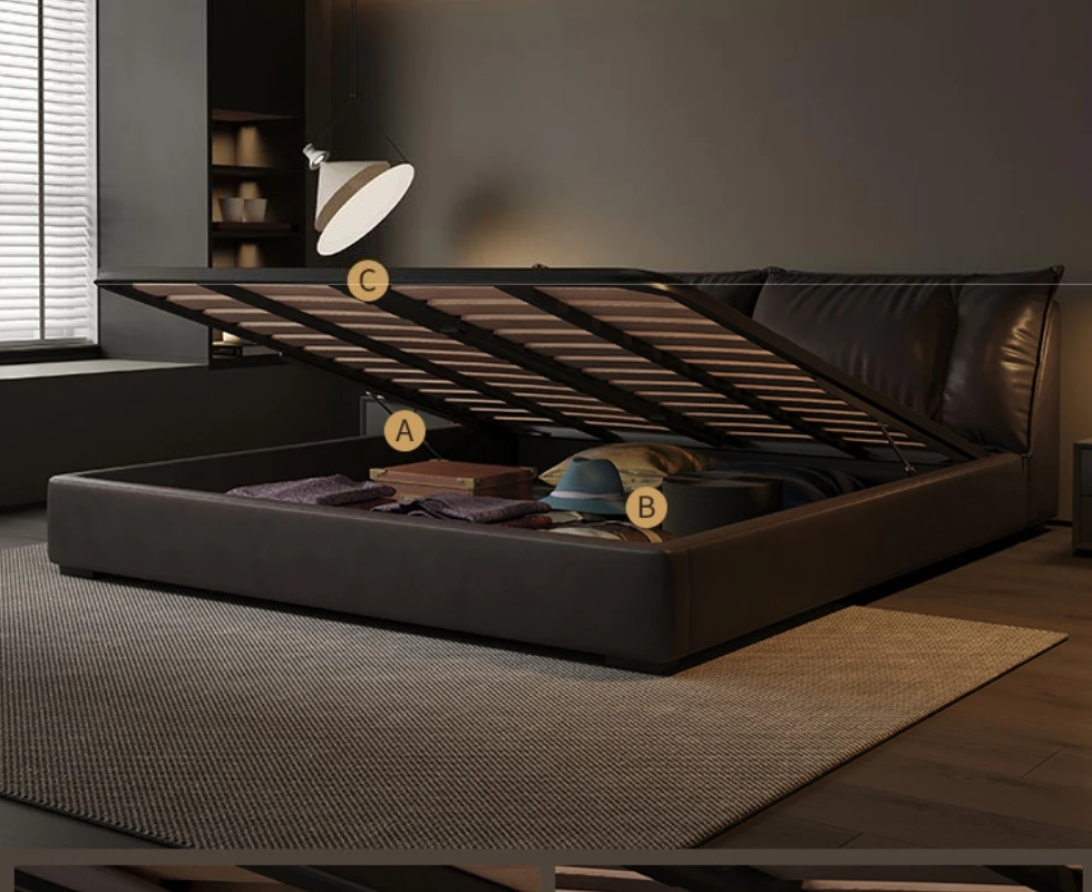 Italian Minimalist King-Size Leather Bed with Wooden Frame Cowhide Headboard Soft Down Fabric Massage & Storage Features Bedroom