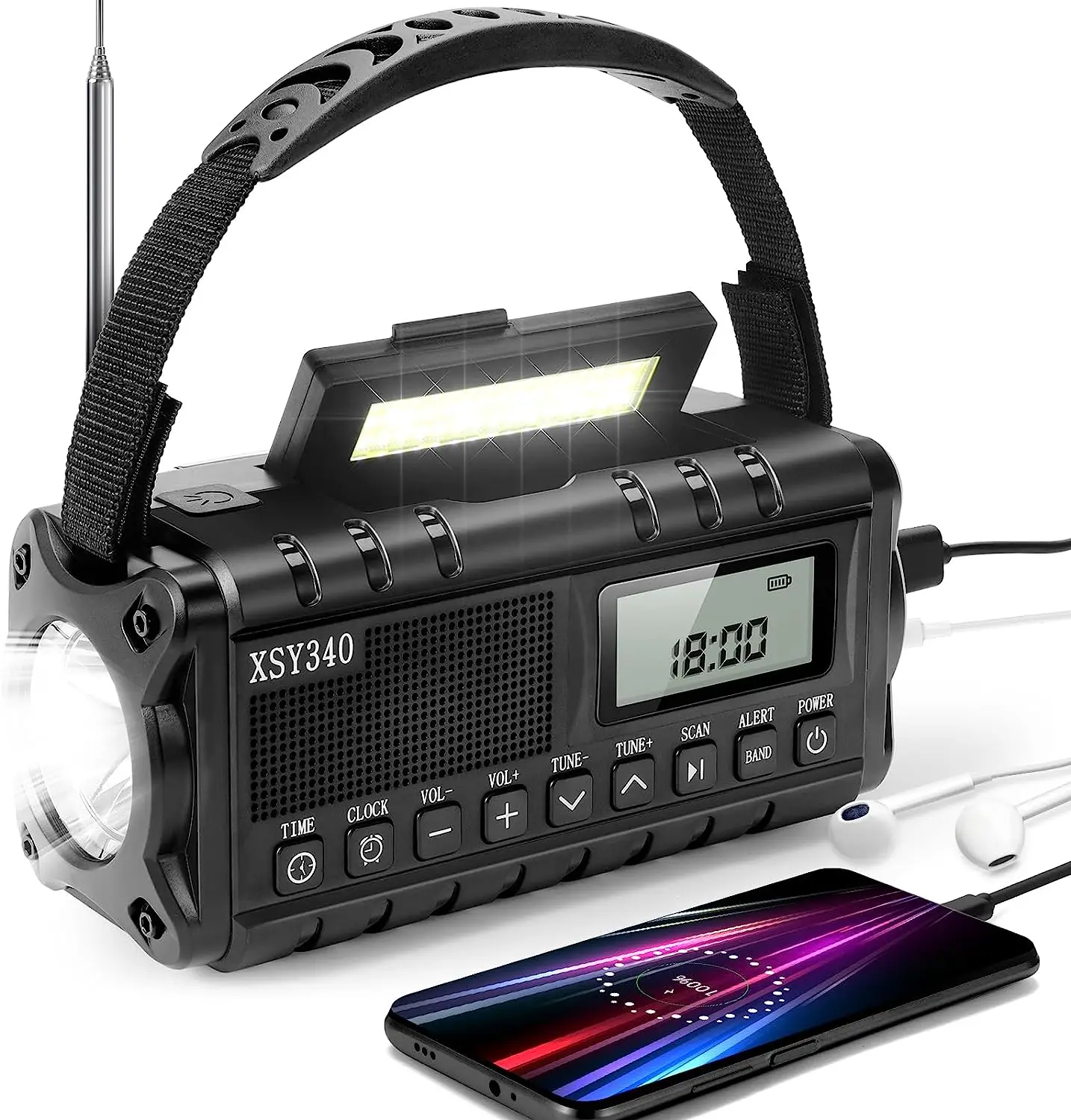 Emergency Weather Alert Radio with AM FM WB Portable Battery Powered Solar Hand Crank Radio for Home Outdoor Hurricane Survival