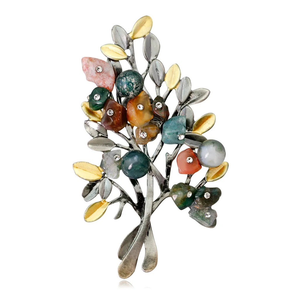 Vintage Colorful Stone Tree Brooches for Women Large Elegant Suit Dress Brooch Pin 2021 Fashion Jewelry