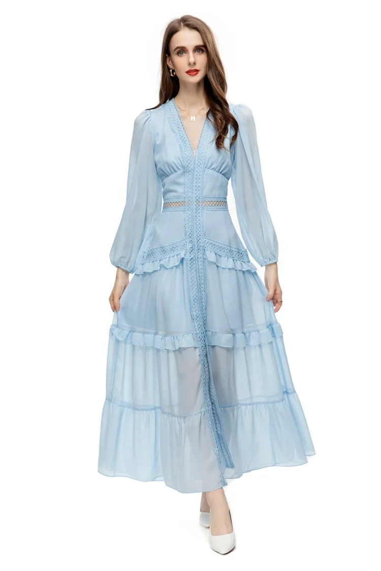 Elegant V Neck Long Maxi Ruffled Lace Tiered Dress For Women Clothing Manufacturer