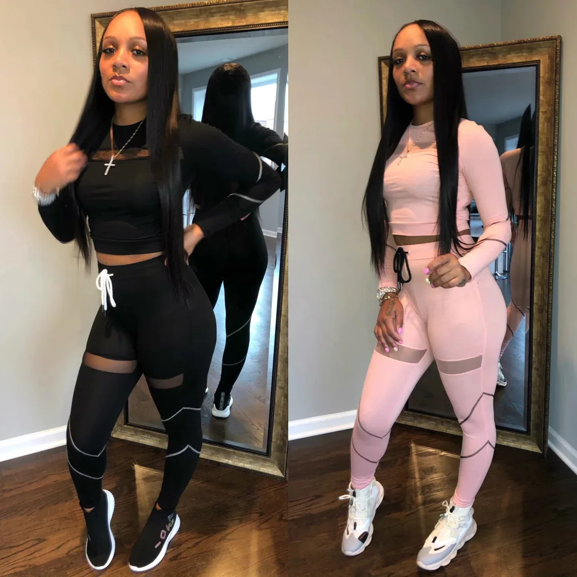 Stock Women Long Sleeve Mesh Sexy Bodycon Crop Top Pants Casual 2 piece set Fashion Clothing Women Fall Sets sport sports suit