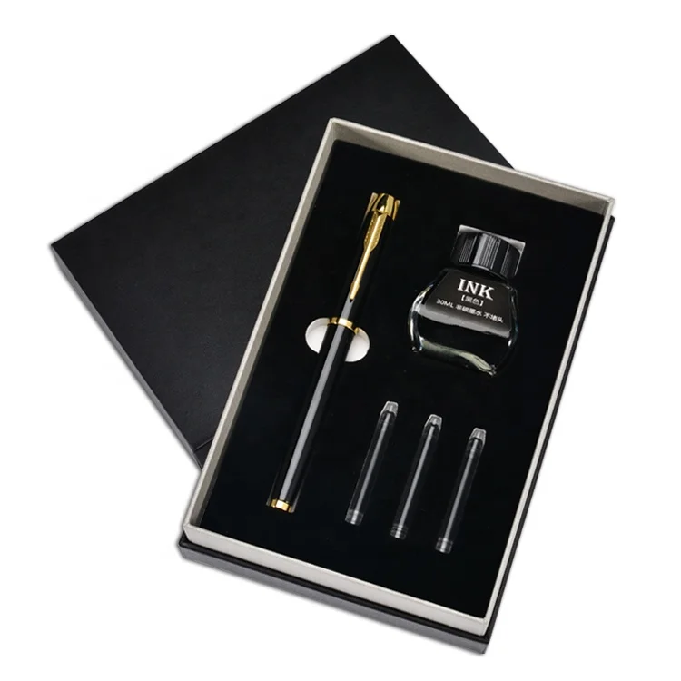 2022 Exclusive Fashion Luxury Fountain Pen Gift Set Custom Logo Packaging Box Ink Bottle Cartridges Free Pen Box Gift