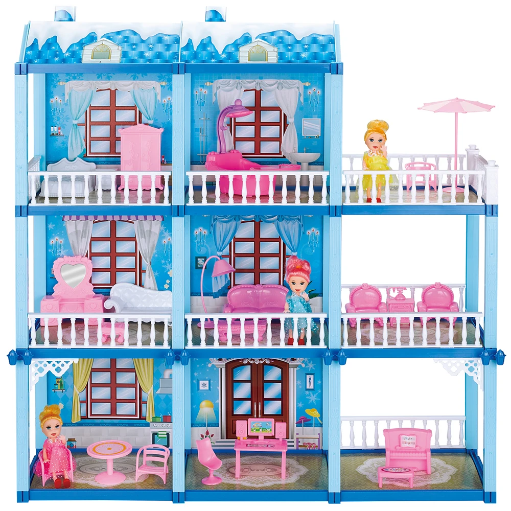 New Arrivals Girls Toy 3-Story 8 Rooms Mini Doll House Playhouse with 3 Doll Figures Slides Stairs Furniture Accessories