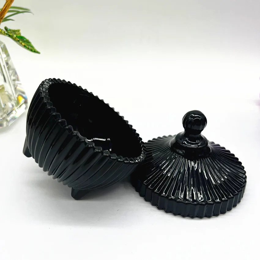 Home Decor Restaurant Coffee Bar Decor Elegant Black Glass Candle Holder Crystal Sugar Candy Bowl With Lid