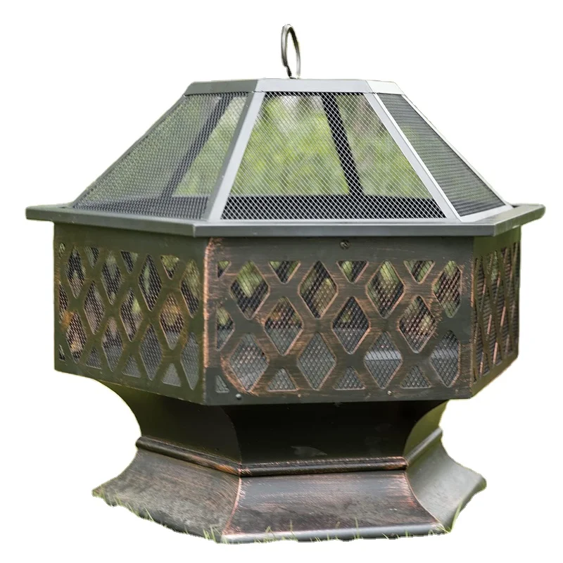 Black Hexagon Steel Wood Burning Charcoal BBQ Portable Lid With Small Ring Outdoor Wood Stove