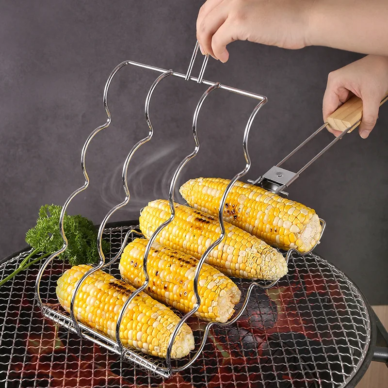 Outdoor Camping BBQ Wire Grill Rack with Wooden Handle Metal Tools for Barbecue & Grilling Accessories Corn Holders