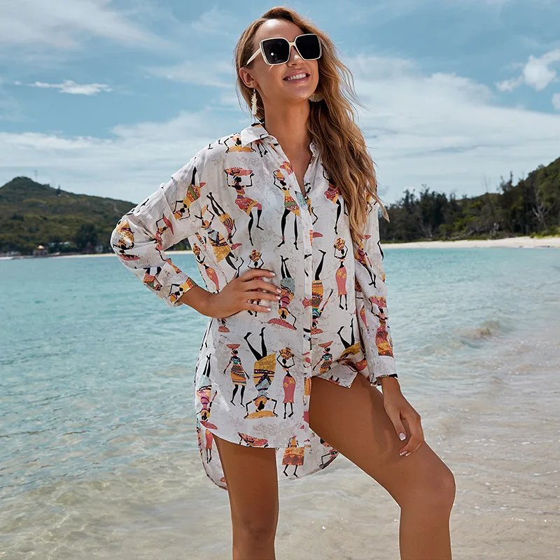 2022  summer new long sleeve Printed shirt cover ups for women casual beach sunscreen clothes swimsuit