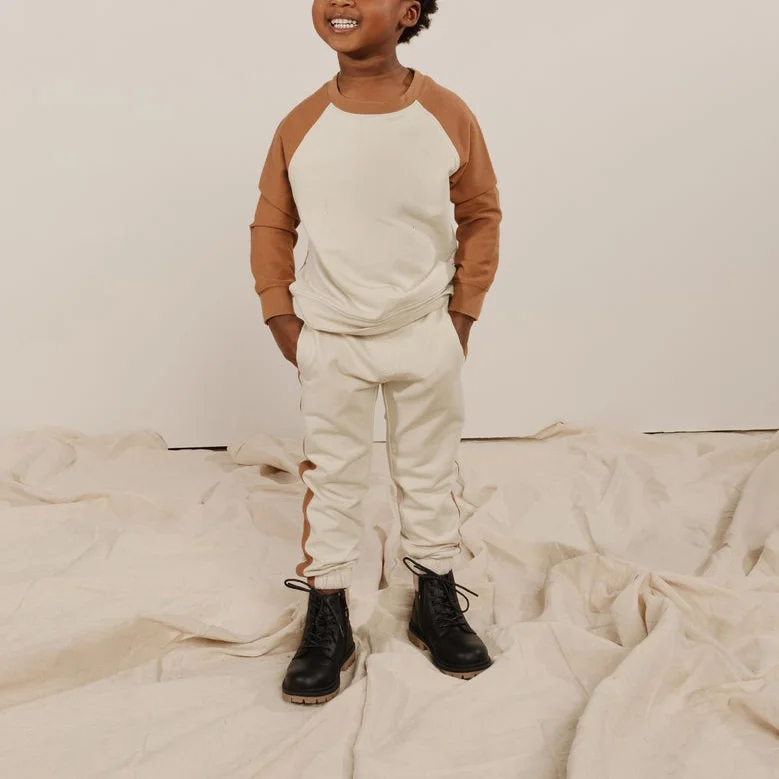 Children Kids Cotton Set Raglan Crew Neck Sweatshirt Color Block Jogger Striped Pants Two Piece Set Slim Fit Track Suit Boy