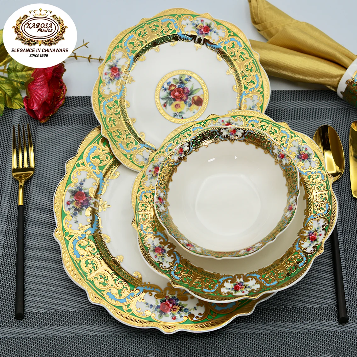 karosa 24pcs tableware including plates and bowls colorful festival golden bone china luxury dinner sets