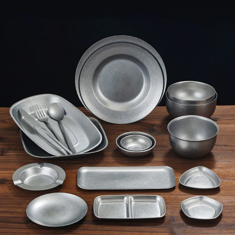 Korean Retro Stainless Steel Food Plate Bowl Mug Vintage Kitchen Dinnerware Set Dessert sushi Fruit Cake Tray