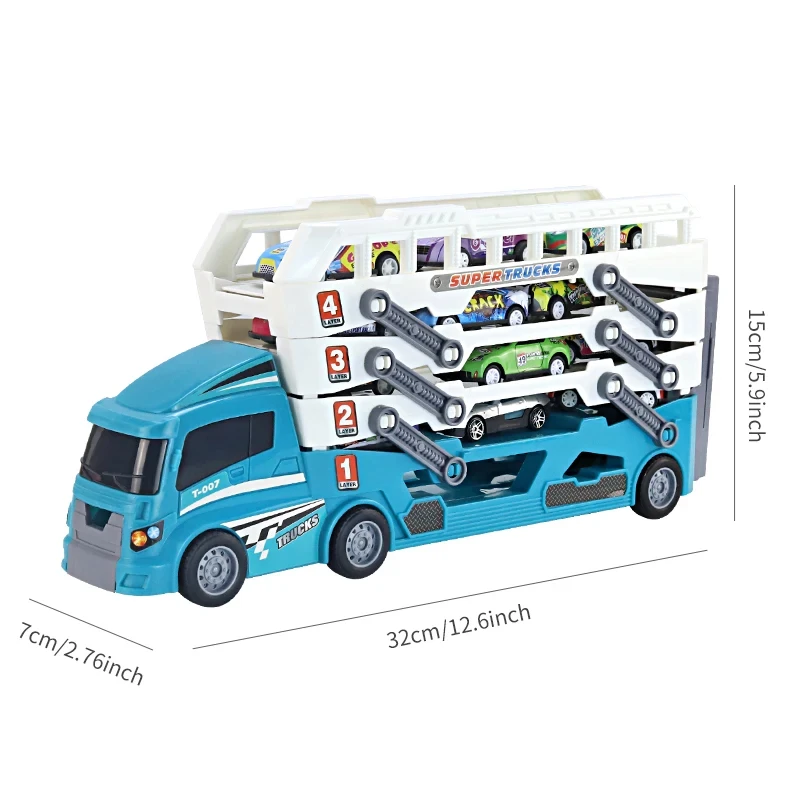 Hot Sale Large Ejection Mini Slide Alloy Container  Engineering Car Multi-Layer Can Receive Blue Racing Car With 6pcs car