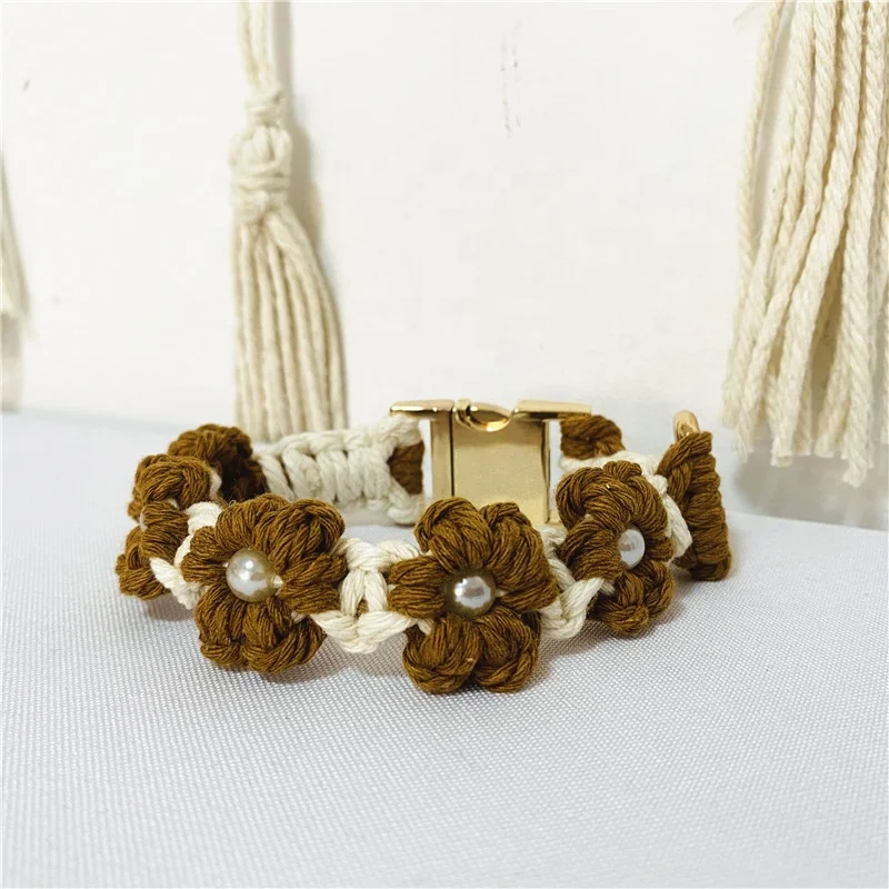 With metal round label macrame flower cat collar cotton rope pearl beaded wedding collar with heavy duty metal clasp