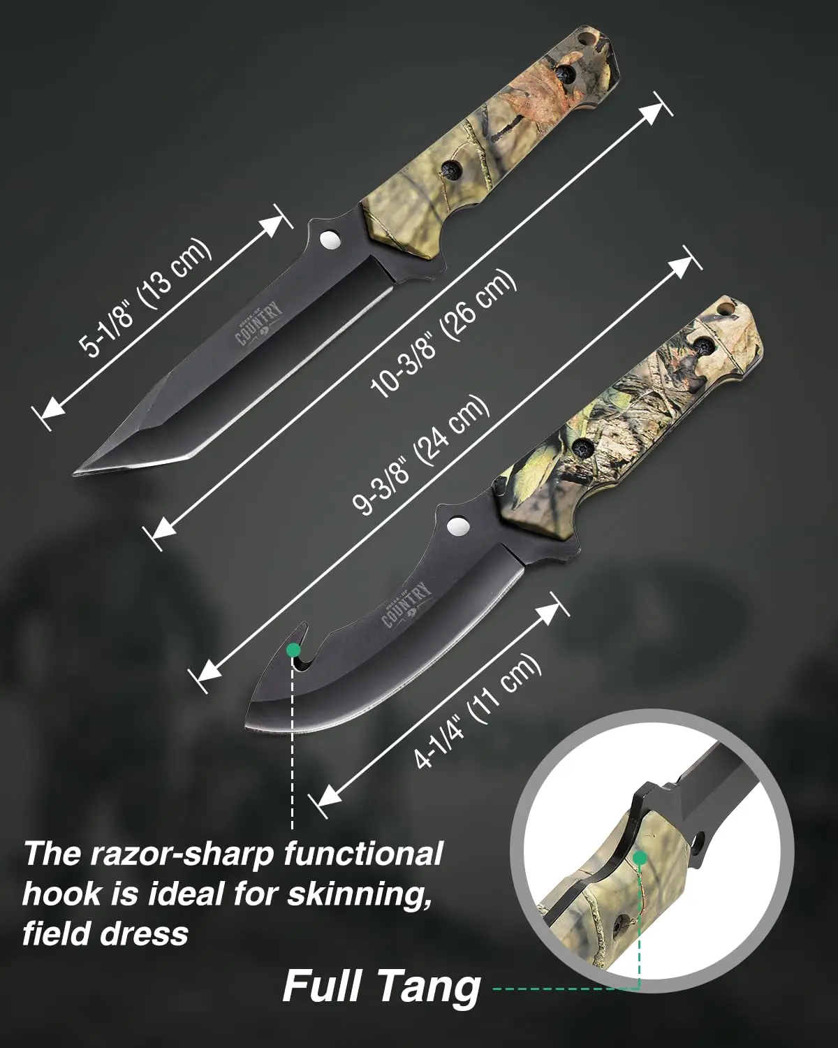 Fixed Blade Hunting Knife Set - 2 Piece, Full Tang Handle Straight Edge and Gut Hook Blades Game Processing Knife