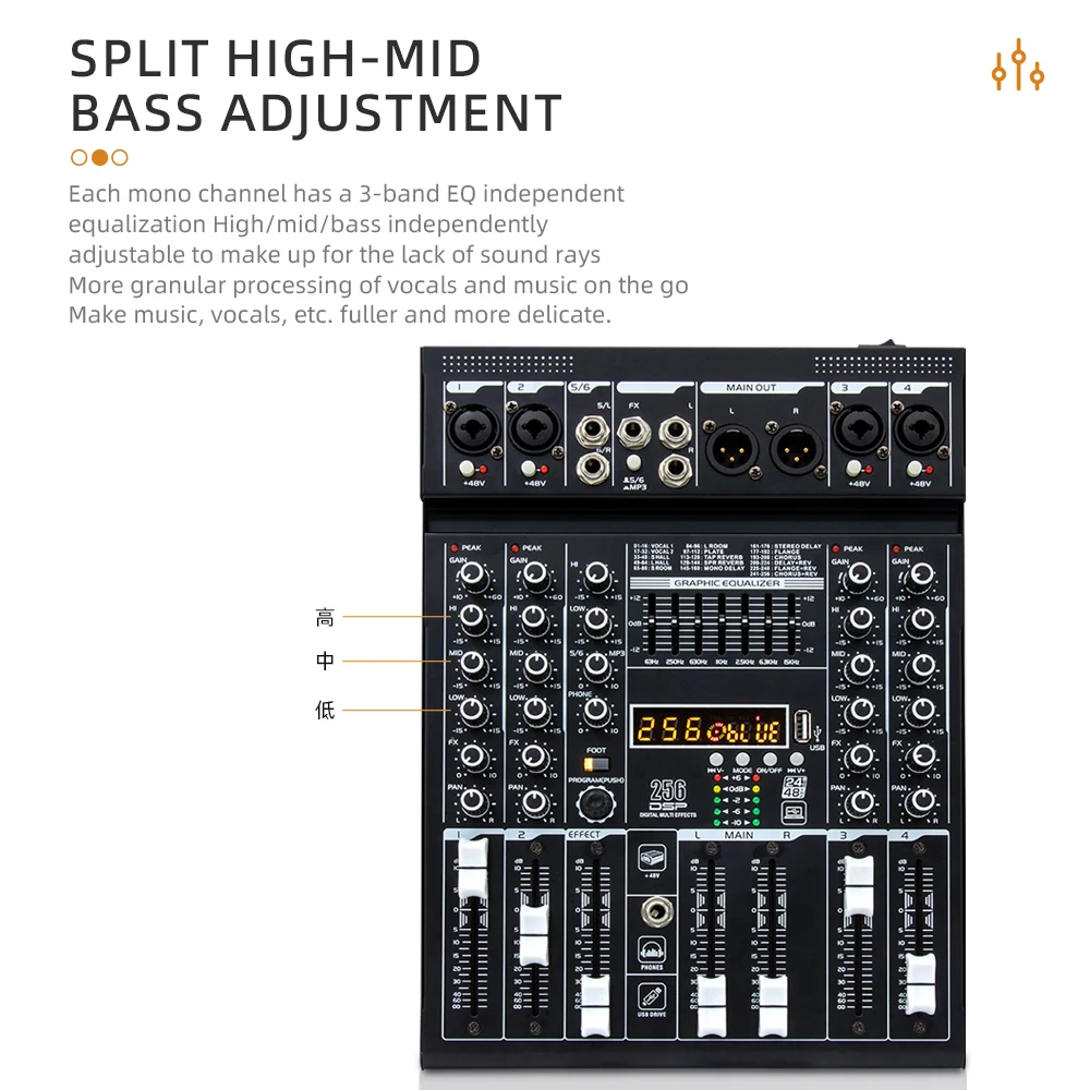 6 channel digital mixer with built-in 256 DSP USB Bluetooth reverb + 48V power live performance mixer