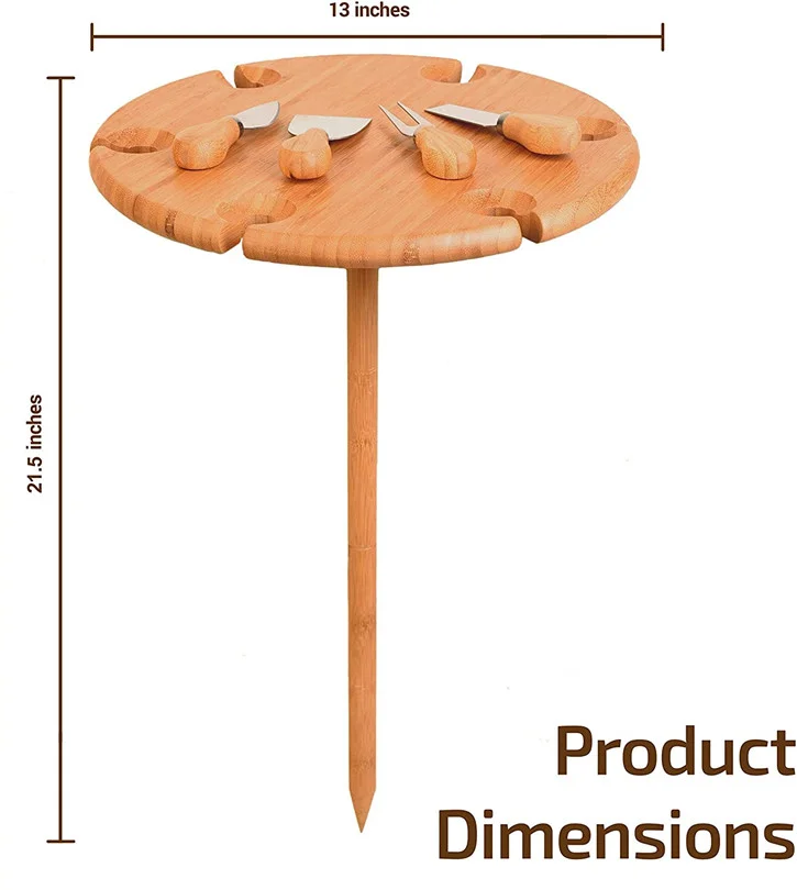 Round bamboo picnic table with knives & wine glass holders