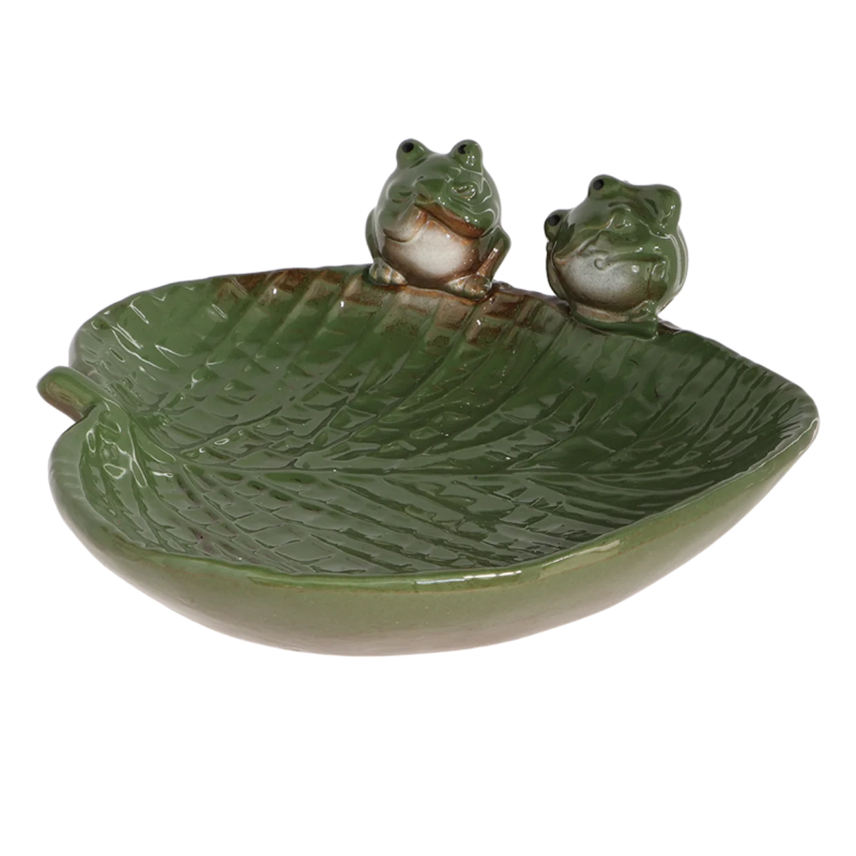 Esschert Design Wholesale Garden Ceramic green leaf shaped bird bath with frogs for outdoor wild birds, swimming pool & bathtub