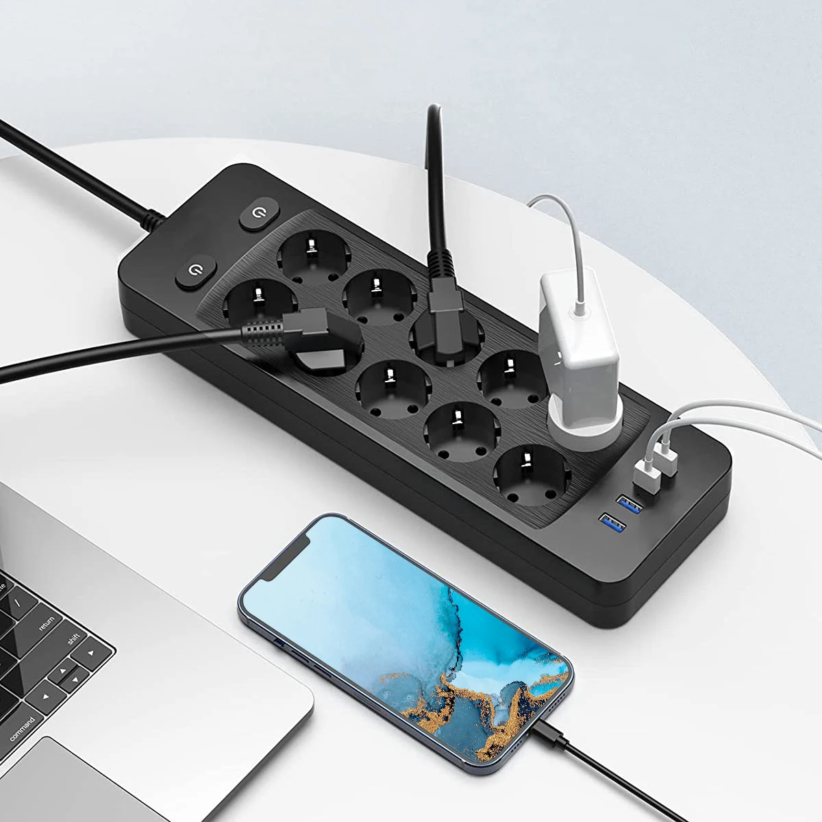 2500W 10A Power Strip Switch EU Plug Sockets With 2M Extension Cord Surge Protector 10 AC Outlets 4 USB Charging