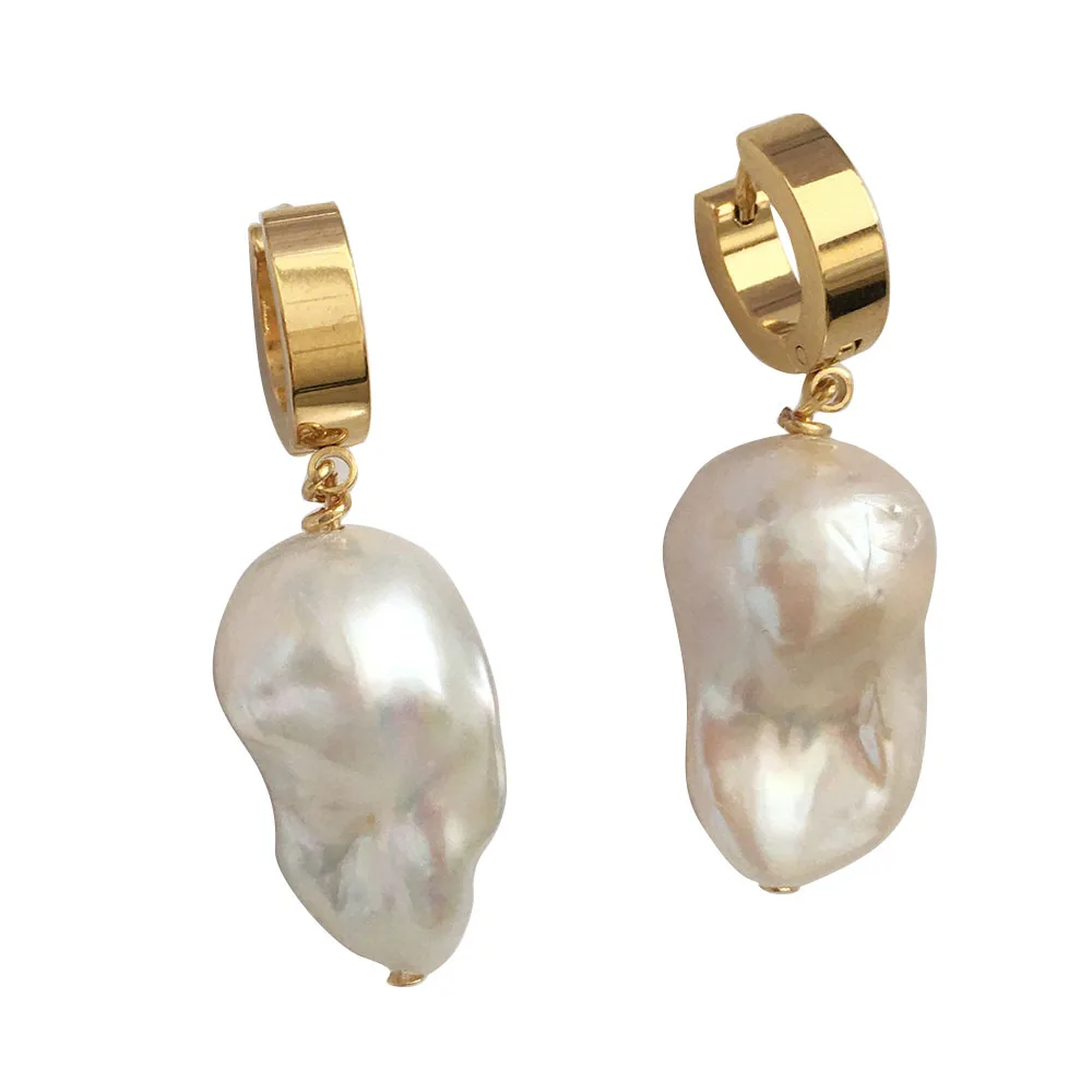 big nature baroque 13-16  mm freshwater pearl stainless steel with real 18K gold earring , 100% nature freshwater pearl .