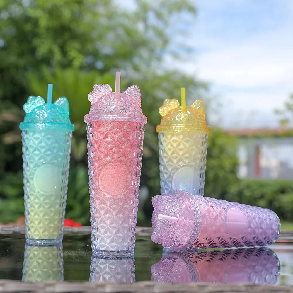 Botu Custom Logo 24oz Plastic Straw Cups Hello Kt Head Gradient Color Durian Water Cup Tableware Reusable Drink Cups With Lid